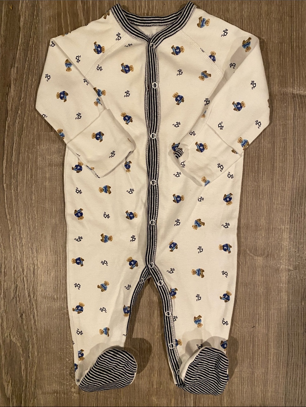 Ralph Lauren Cream Footed One-Piece with Blue & Brown Bear Print